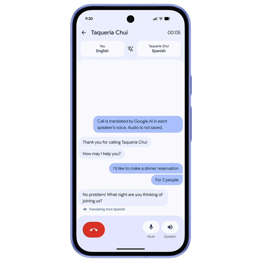 Pixel 10a 通話畫面開住 Voice Translate，顯示餐廳電話翻譯