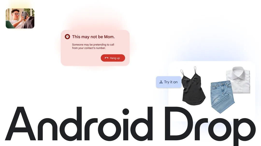 Google 6 月 Android Drop 官方圖，顯示防詐電話提示同衣著搜尋功能