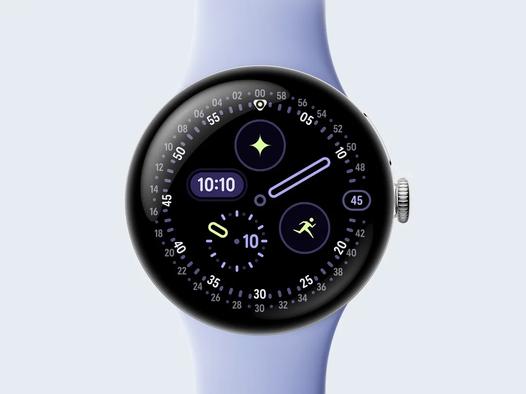 Pixel Watch 4 官方產品圖，紫色錶帶同圓形錶面