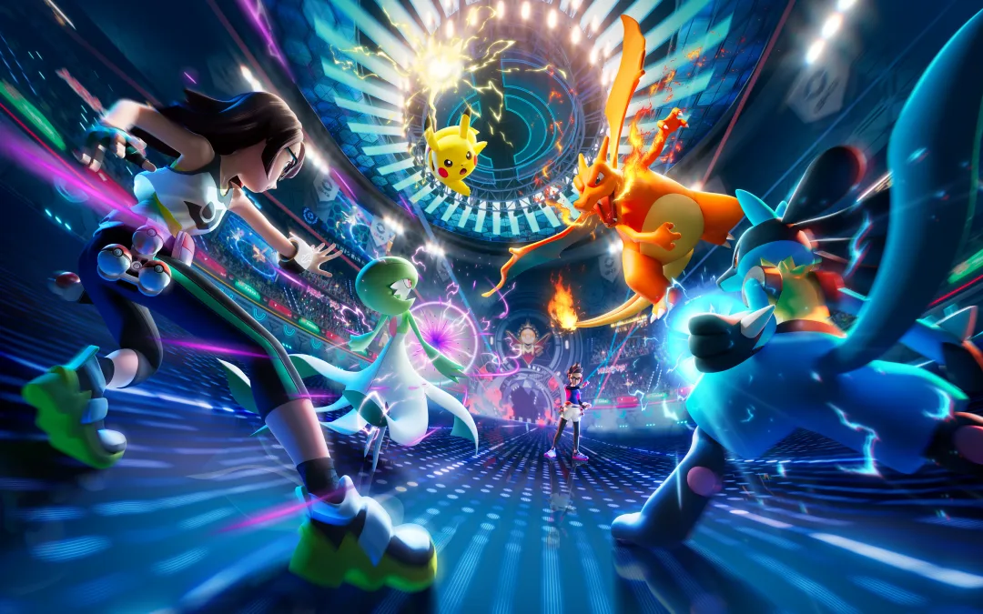 《Pokémon Champions》官方主視覺,顯示訓練家同 Pokémon 喺競技場對戰