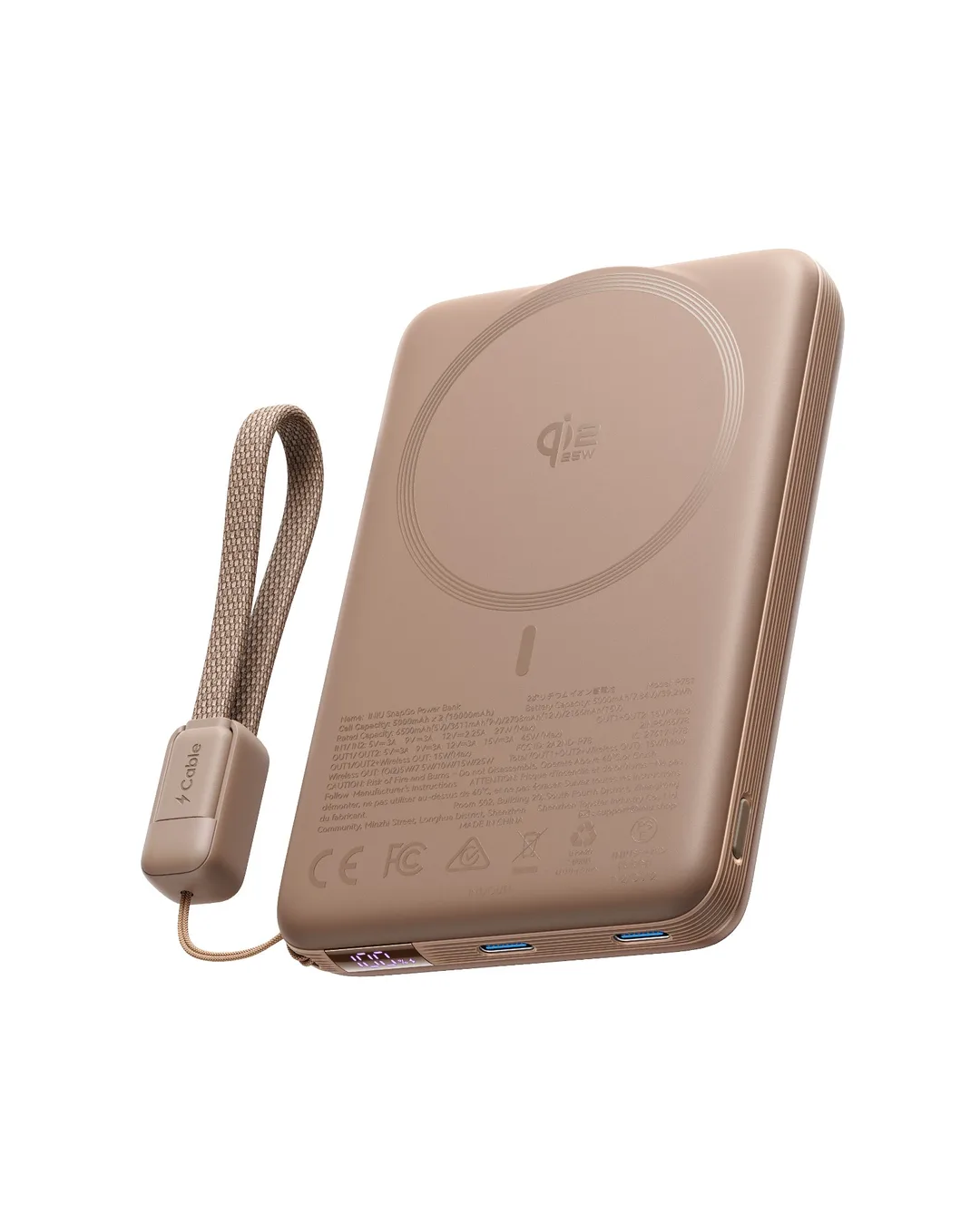 INIU SnapGo Air 背面顯示 Qi2.2 25W 線圈標記、兩個 USB-C 口同電量顯示