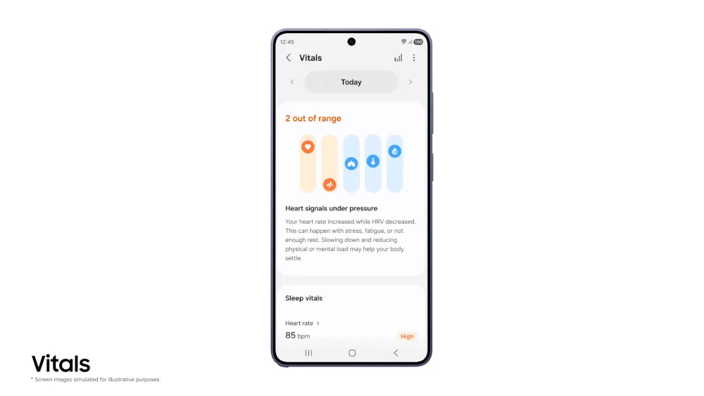 Samsung Health Vitals 功能顯示夜間身體訊號嘅示意動畫