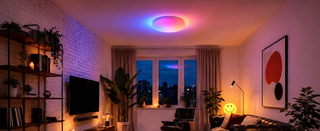 SwitchBot RGBICWW Ceiling Light 裝喺客廳天花,打出彩色氣氛光