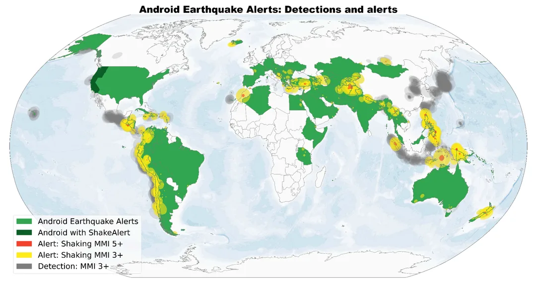 Android Earthquake Alerts 支援地區同警報範圍示意圖