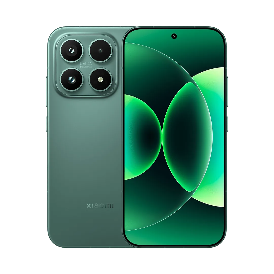Xiaomi 17 綠色機身產品圖，前後機身同 Leica 鏡頭模組同場展示