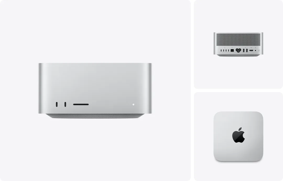 Mac Studio 機身正背面同頂部官方產品圖，展示前置 USB-C、SDXC 同後方 Thunderbolt 5 連接埠