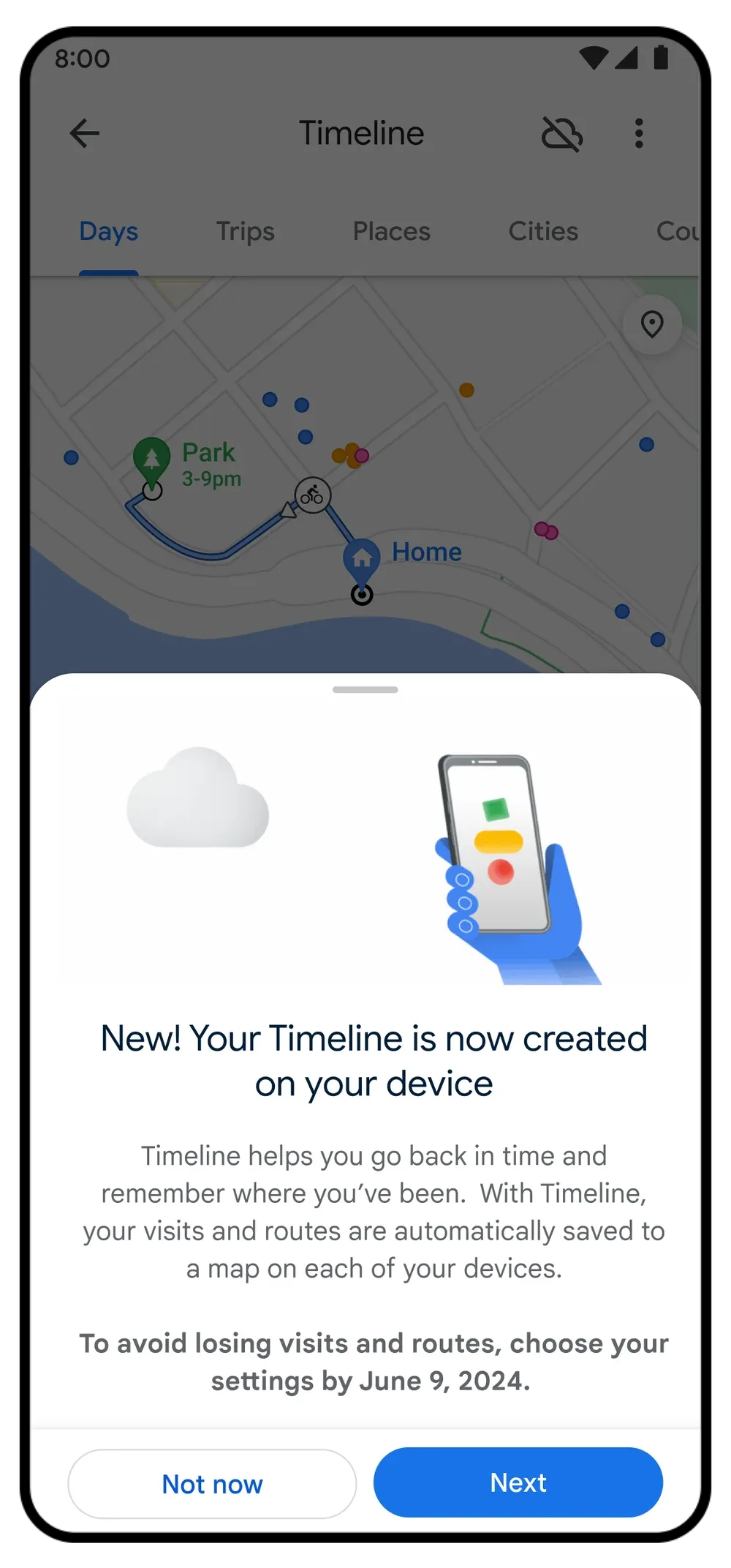 Google Maps Timeline 彈出提示,話 Timeline 而家會喺手機本機建立