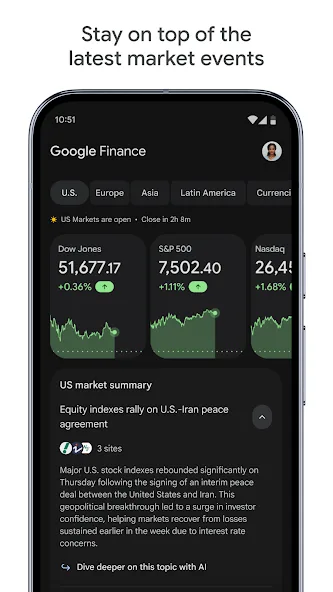 Google Finance Android app 截圖，顯示市場摘要同 watchlist 卡片