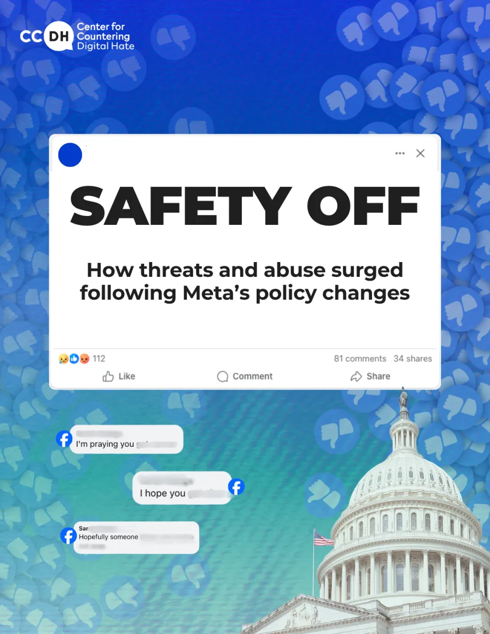 CCDH《Safety Off》報告封面,背景有 Facebook 反對手勢同美國國會大樓