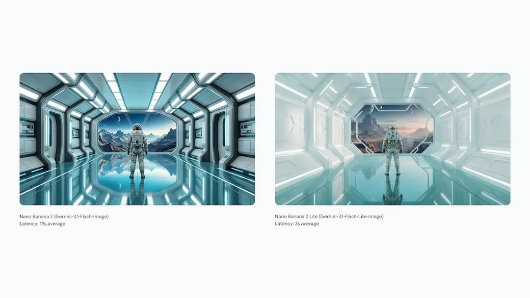 Google DeepMind 用太空走廊場景對比 Nano Banana 2 同 Nano Banana 2 Lite 嘅輸出同延遲