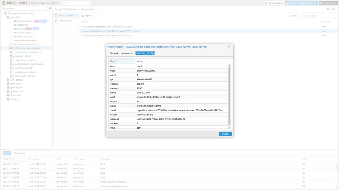 Proxmox VE 入面嘅 VMware ESXi VM 匯入介面截圖
