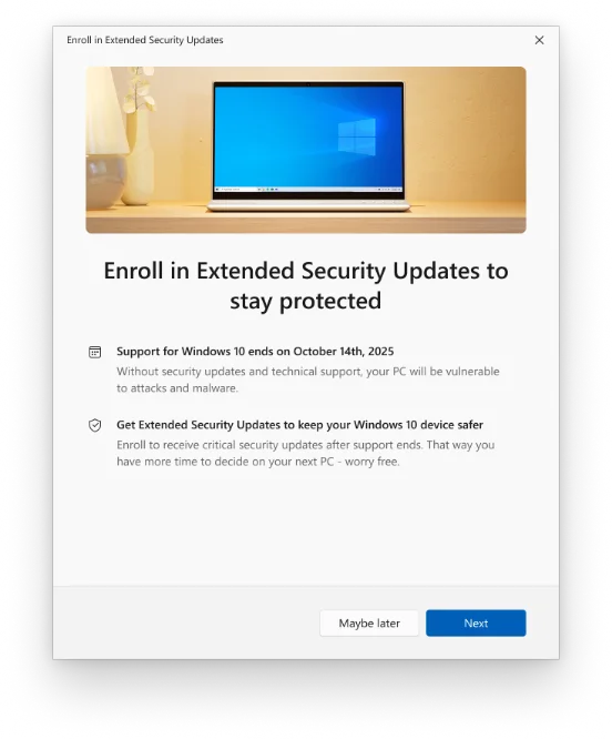Windows 10 ESU 登記精靈歡迎頁面截圖