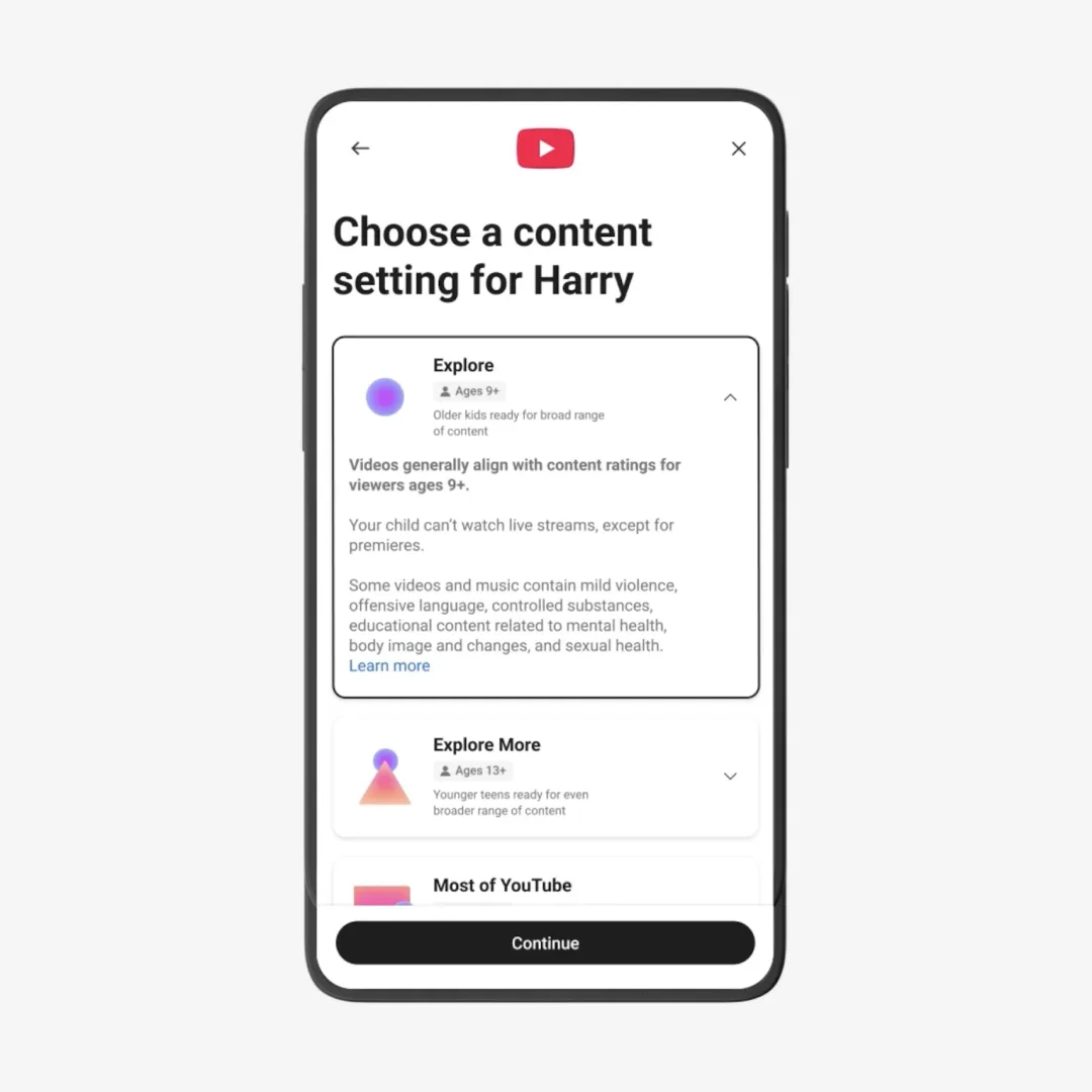YouTube 官方 blog 展示 supervised account 相關手機介面
