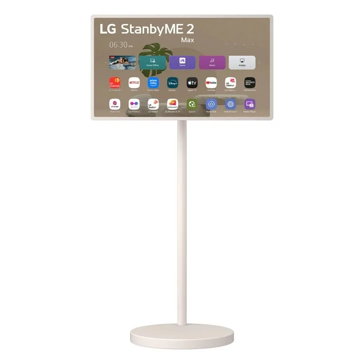 LG StanbyME 2 Max 連輪架正面照,屏幕顯示 webOS app 介面