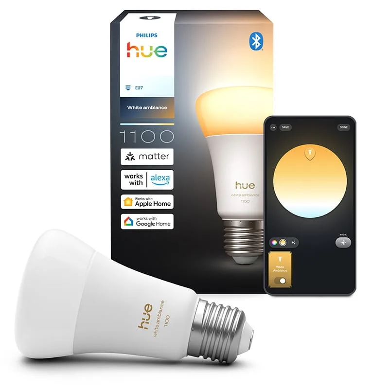 Philips Hue E27 White Ambiance 智能燈泡包裝同燈泡產品圖