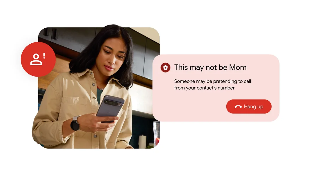 Android fake call detection 示意圖,畫面提示熟人來電可能被假冒
