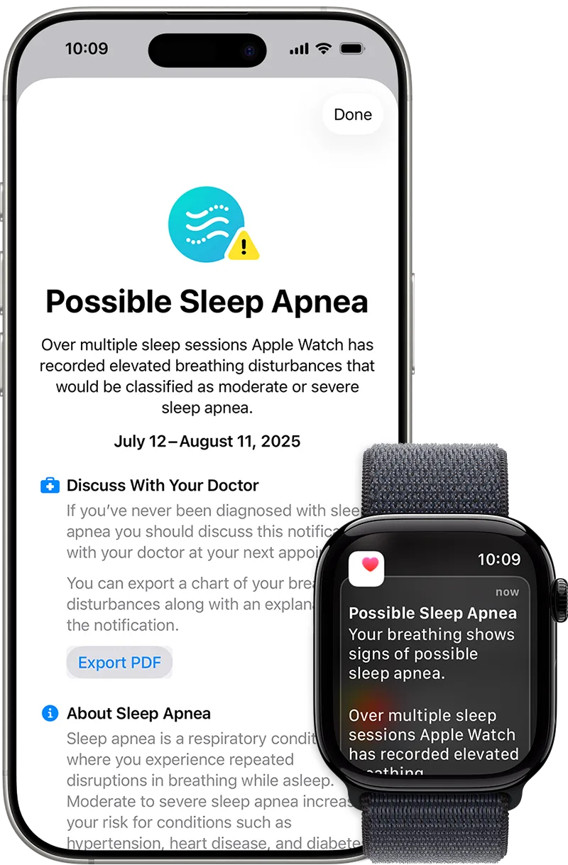 iPhone 同 Apple Watch 顯示睡眠窒息提示設定畫面