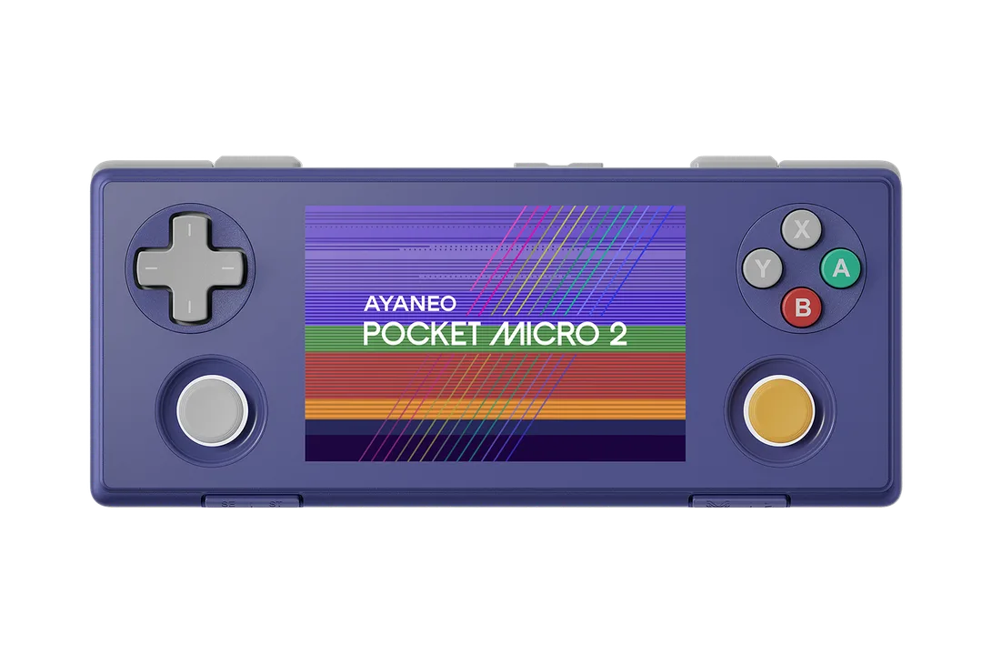 紫色 AYANEO Pocket Micro 2 正面產品圖,螢幕顯示彩色測試畫面