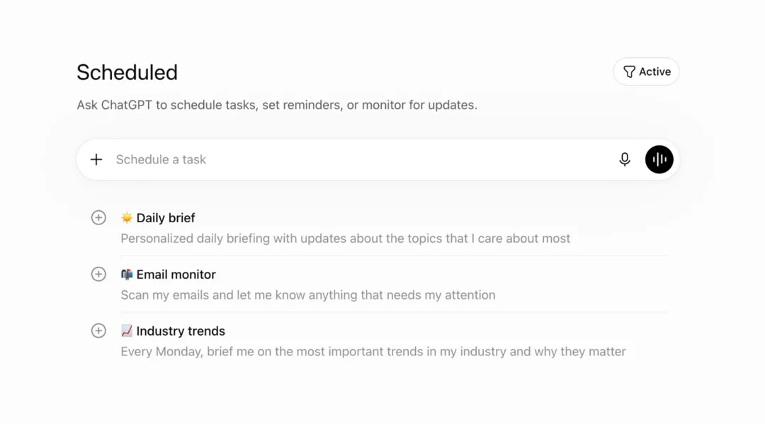 ChatGPT Scheduled page 顯示 Daily brief、Email monitor 同 Industry trends 任務