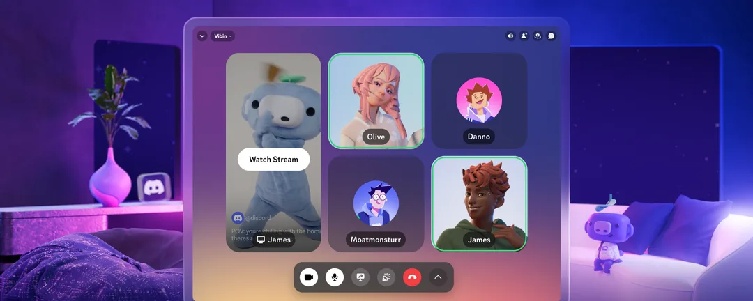 四個朋友喺 Meta Quest 入面用 Discord 通話嘅官方示意圖