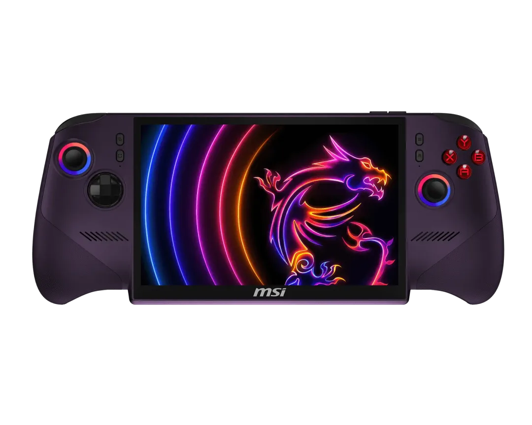 MSI Claw 8 EX AI+ 正面,可以見到 8 吋屏幕同紫色手掣式機身