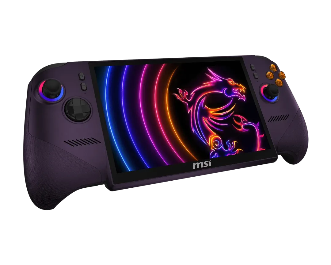 MSI Claw 8 EX AI+ 斜角產品圖,顯示手掣握把同 RGB 搖桿