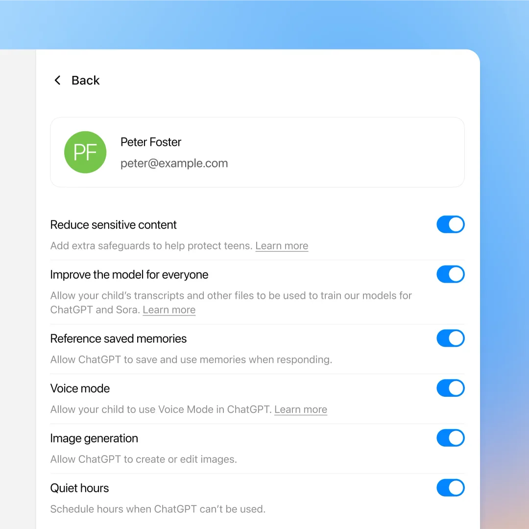 ChatGPT 家長控制畫面,顯示敏感內容、memory、voice mode 等開關