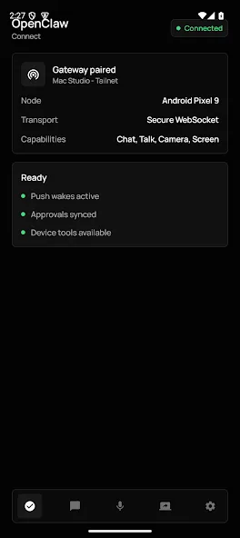 OpenClaw Android app 嘅 Connect 分頁,顯示 Gateway paired 同 device tools ready。