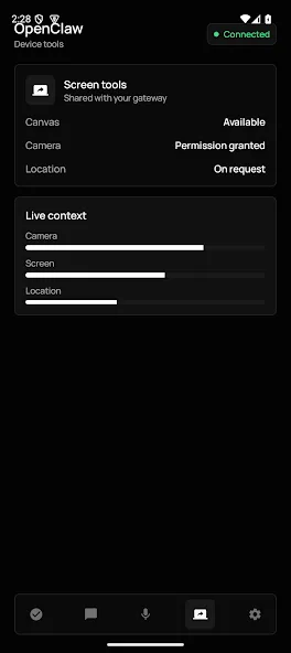 OpenClaw Android app 嘅 Device tools 分頁,顯示相機、畫面同位置狀態。