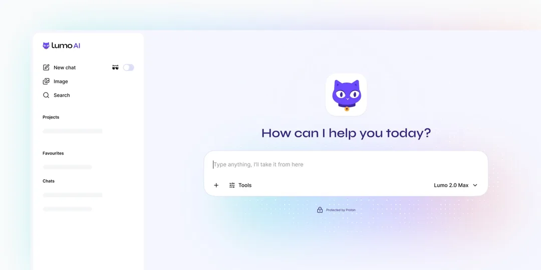 Lumo 2.0 介面截圖,左邊有 Image 同 Search 工具,中央係輸入框同 Lumo 2.0 Max 選項