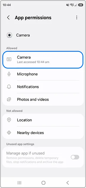 Samsung Galaxy app 權限頁面顯示鏡頭權限設定