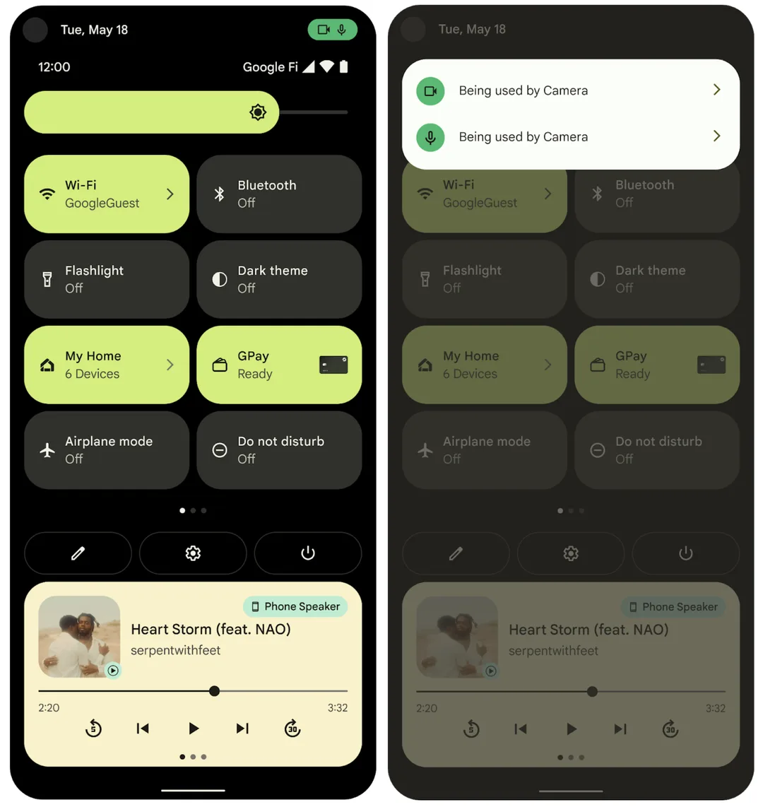 Android 官方示意圖顯示鏡頭同咪高峰使用中及最近使用提示