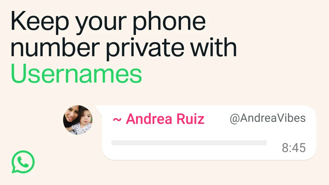 WhatsApp 官方 username 功能示意圖,寫住用 Usernames 保護電話號碼私隱