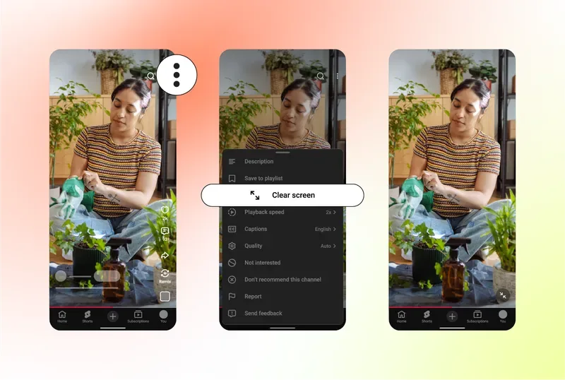 YouTube Shorts Clear Screen 模式截圖,畫面收起大部分操作 icon