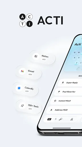 Acti 產品頁截圖,展示手機鍵盤旁邊連住 Notion、Gmail、Calendly 同工具 shortcut