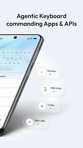 Acti 產品頁截圖,展示 agentic keyboard 可連接天氣、NBA Stats、Twitter 同 API