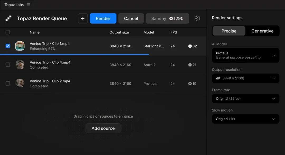 Topaz Premiere Panel 嘅 render queue 同模型設定畫面