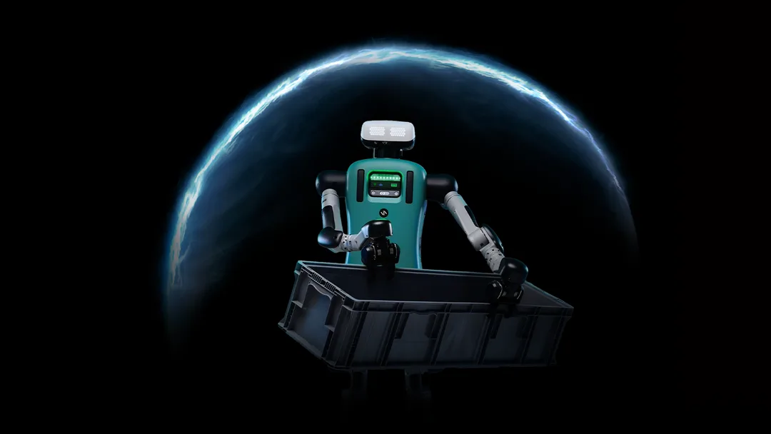 NVIDIA Halos for Robotics 圖入面，Digit 拎住膠箱企喺黑色背景前