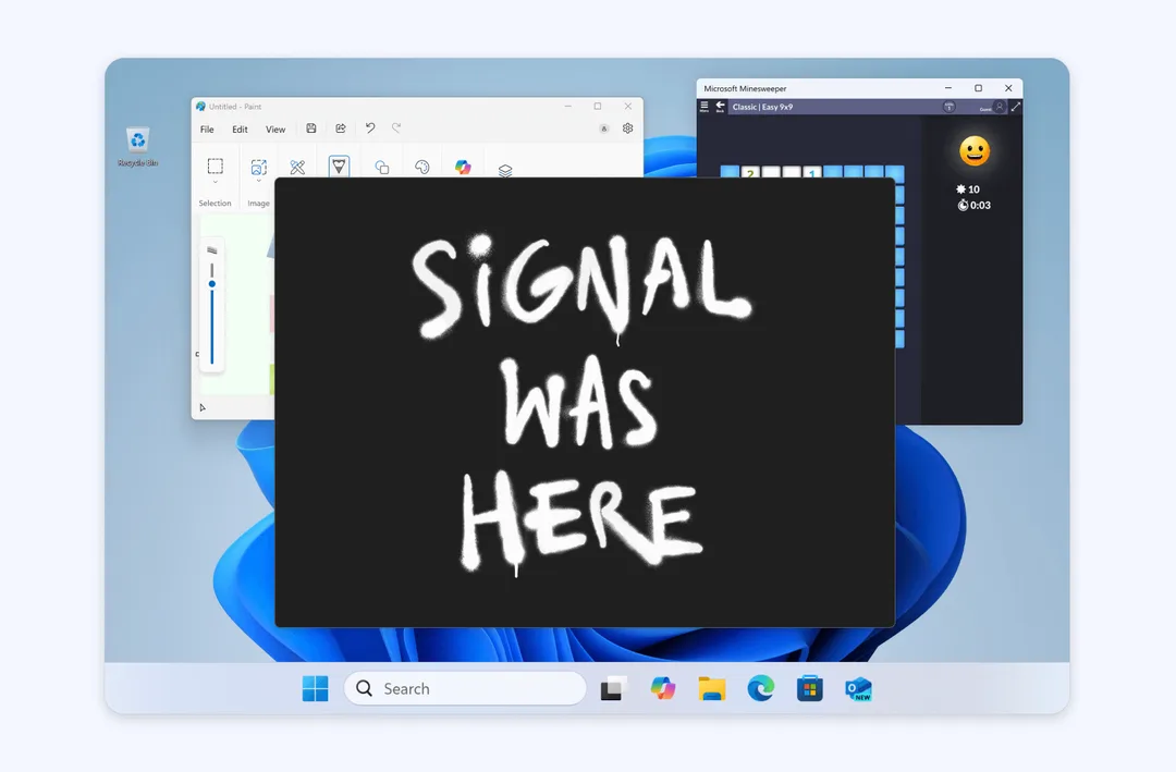 Signal 官方 blog 配圖,Windows 桌面上有黑色視窗寫住 SIGNAL WAS HERE,用嚟講 Microsoft Recall 截圖風險