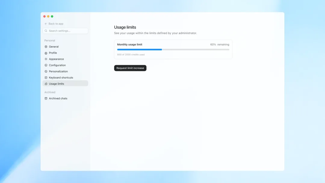 ChatGPT Enterprise 用戶端 usage limits 畫面，員工可以睇剩餘 credit 同要求加 limit
