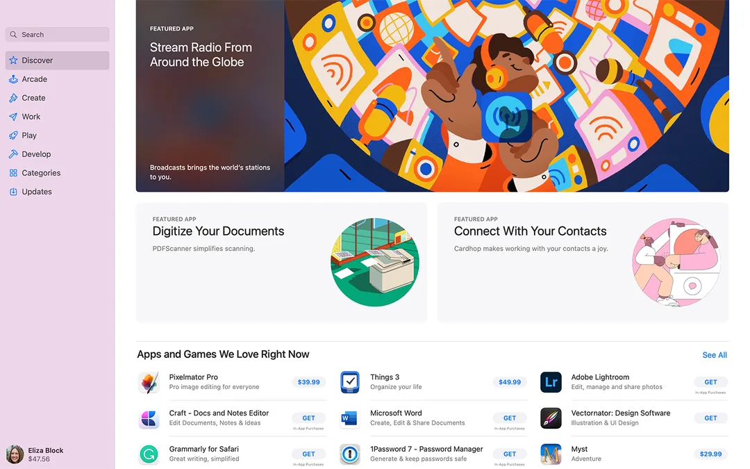 MacBook Pro 上顯示 Mac App Store Discover 分頁,示範 App Store 發現版面