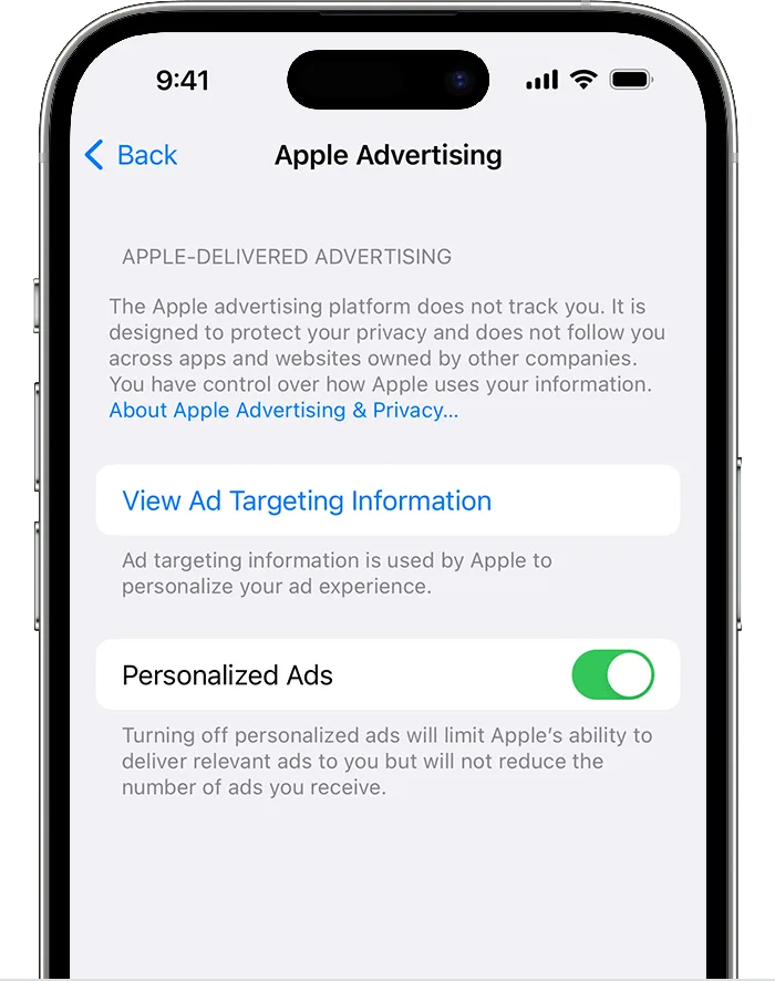 iPhone 設定入面 Apple Advertising 個人化廣告開關畫面