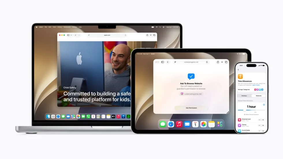 MacBook、iPad 同 iPhone 一齊展示 Apple 兒童安全設定畫面