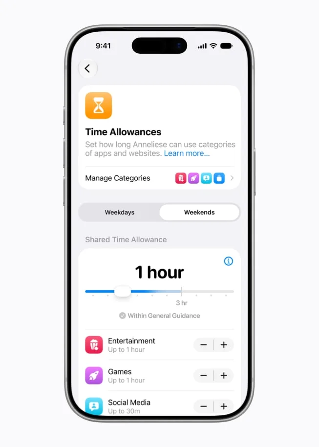 iPhone 顯示 Time Allowances 分類限時設定