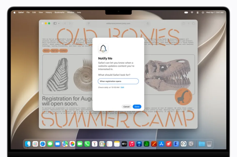 Safari 入面用 Apple Intelligence 設定 Notify Me 嘅官方示範畫面