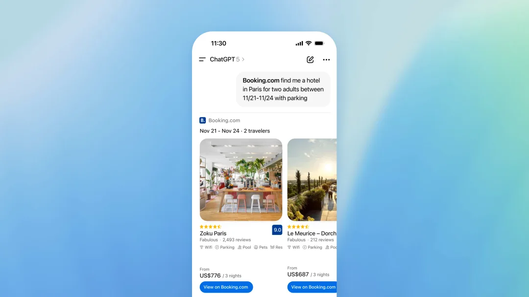 ChatGPT 入面 Booking.com app 顯示酒店搜尋結果嘅產品示意畫面