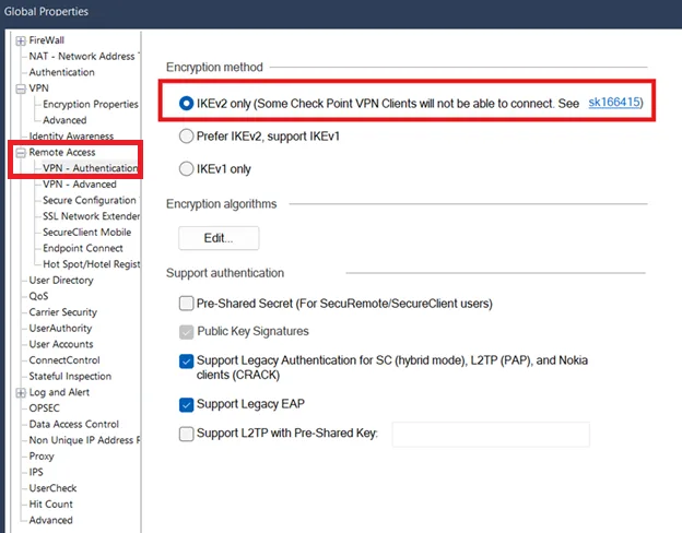 Check Point SmartConsole 入面將 Remote Access VPN authentication 改成 IKEv2 only 嘅設定截圖