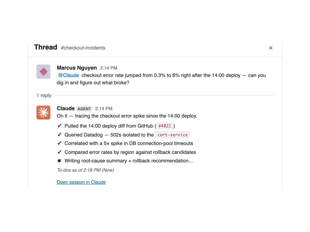 Claude Tag 喺 Slack thread 入面回應嘅產品示意圖
