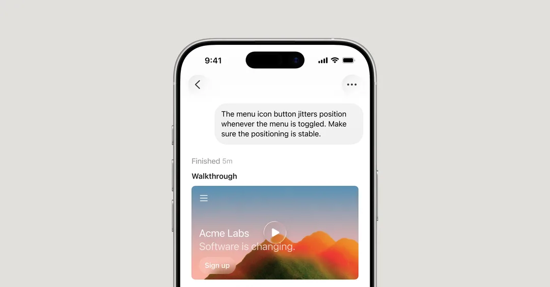 Cursor iOS app 官方配圖,畫面顯示手機入面嘅 agent 回覆同 demo 預覽