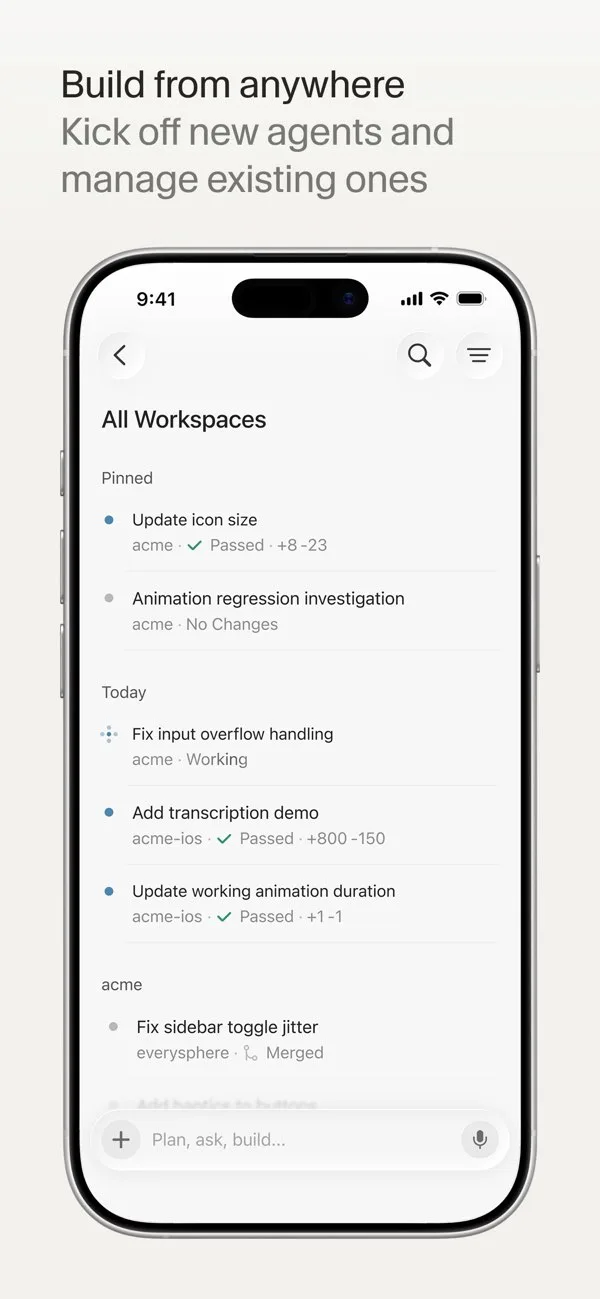 App Store 入面嘅 Cursor iPhone 截圖,顯示 agent 工作清單同狀態